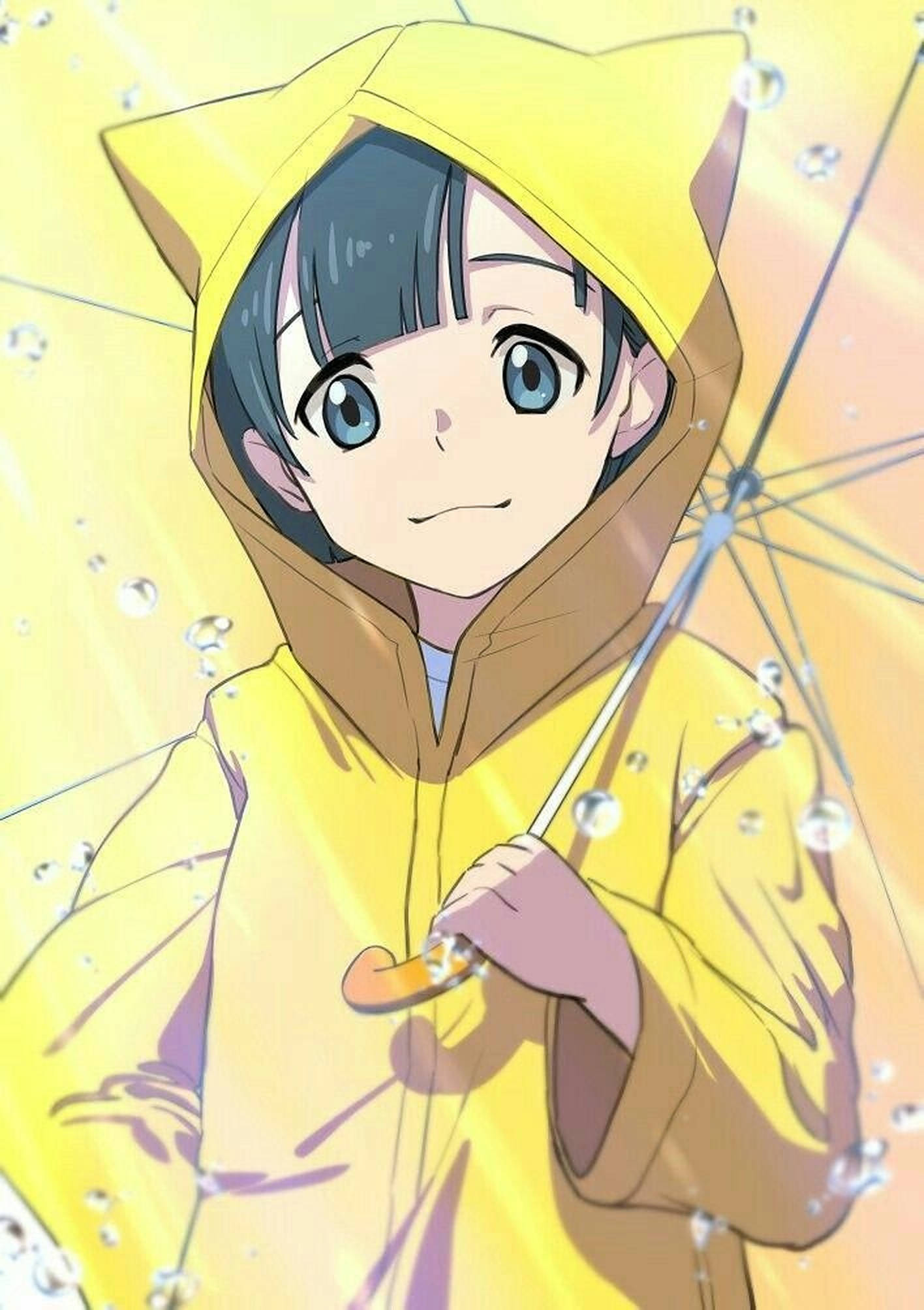 Weathering 桌布 壁紙 — 一個開心的動漫女孩穿著黃色雨衣，戴著貓耳，撐著雨傘，雨滴在她周圍溫暖的金色光芒中閃爍。