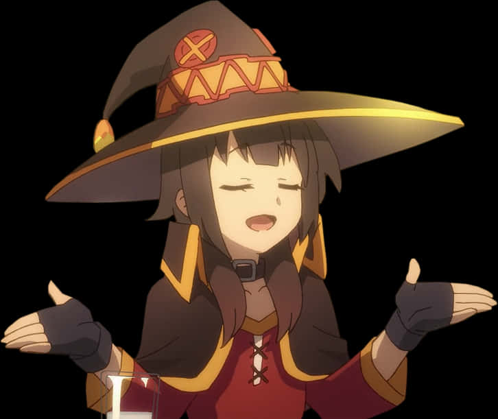 Megumin 桌布 壁紙 — 一個開心的動漫女巫，戴著棕色帽子，穿著紅色長袍，在黑色背景前攤開雙手聳肩。