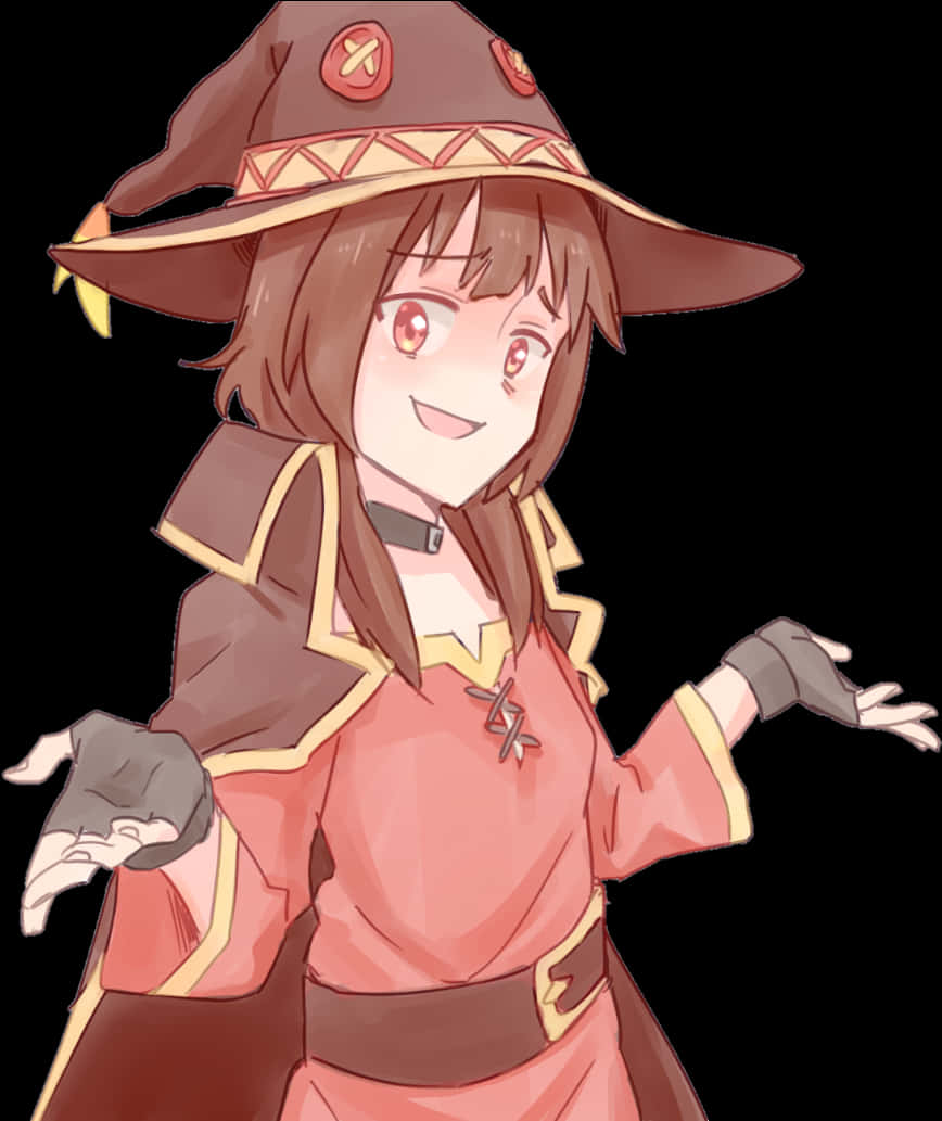 Megumin 桌布 壁紙 — 一個開心的動漫女巫，棕色頭髮和紅色眼睛，穿著棕色和粉紅色的服裝，在黑色背景前微笑並做手勢。