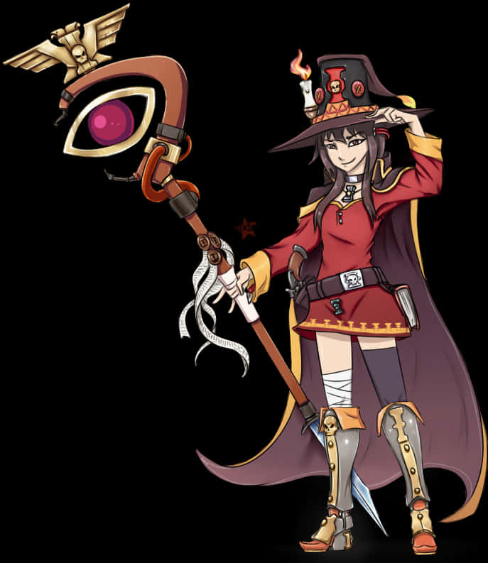Megumin 桌布 壁紙 — 一個開心的動漫女巫，穿著紅色和紫色的裝備，在黑色背景前揮舞著頂端有發光眼睛的法杖。