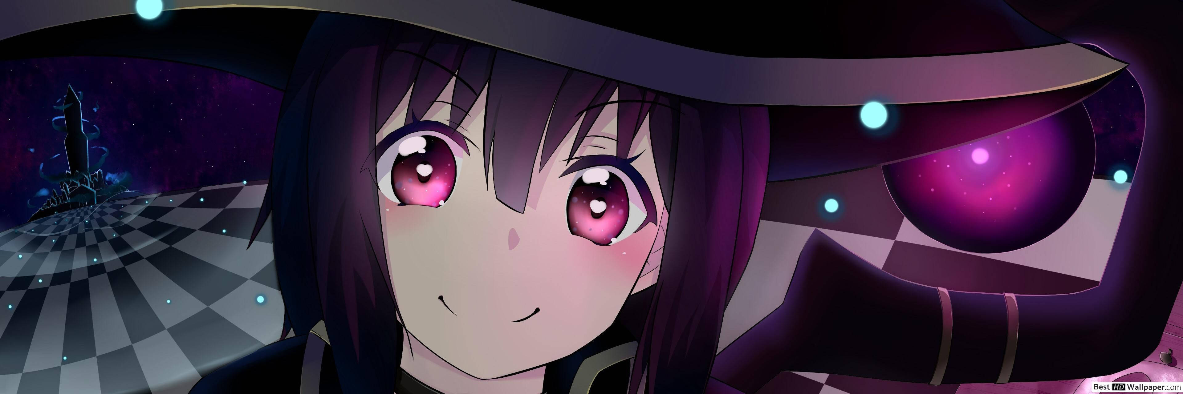 Megumin 桌布 壁紙 — 一個開心的動漫女巫，粉紅色眼睛，戴著寬邊帽，在星空紫色天空下的宇宙棋盤格地板上微笑。