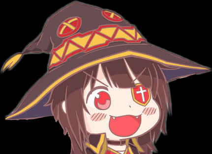 Megumin 桌布 壁紙 — 一個開心的動漫女巫，紅眼睛，咧嘴笑，戴著一頂棕色帽子，有黃色邊飾和紅色十字架。