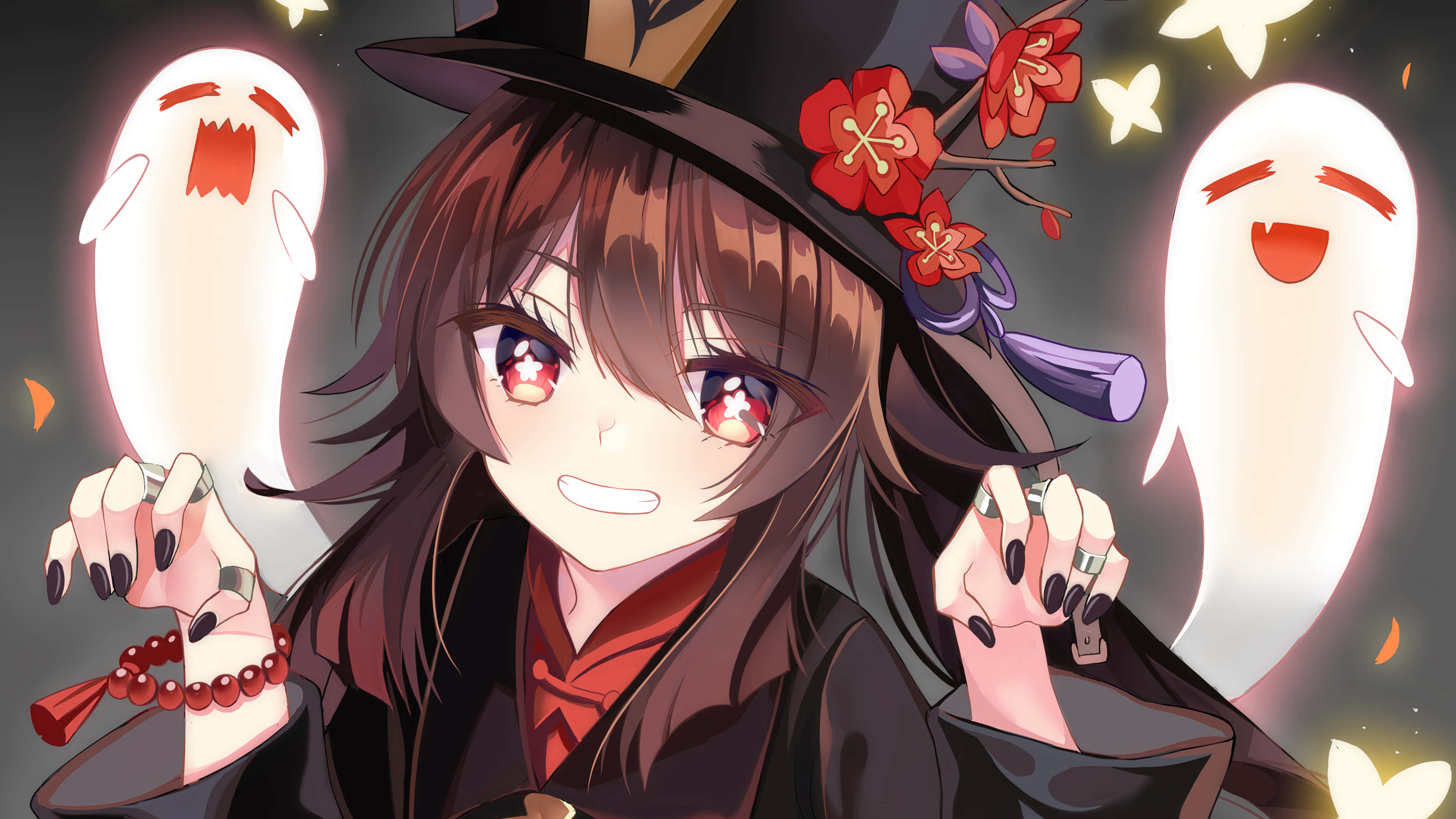 原神 桌布 壁紙 — 一個開心的動漫女巫，紅眼睛，戴花帽，在黑暗背景下微笑著抱著發光的鬼魂。