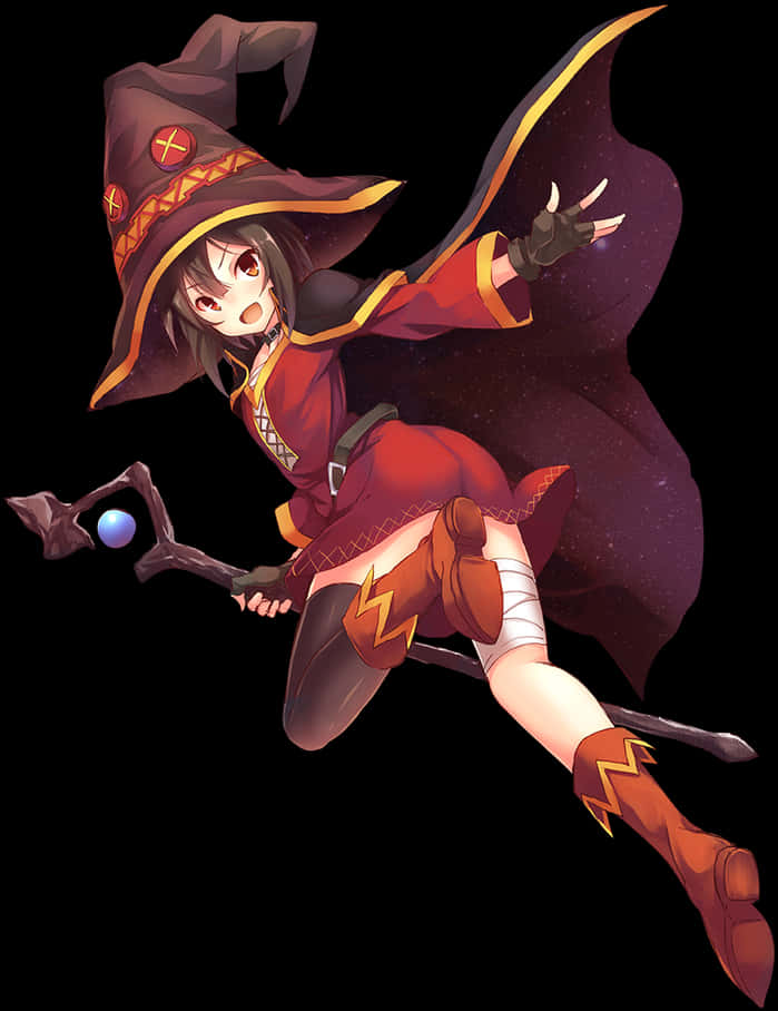Megumin 桌布 壁紙 — 一個開心的動漫女巫穿著紅金色服裝，拿著發光的魔杖飛過太空。