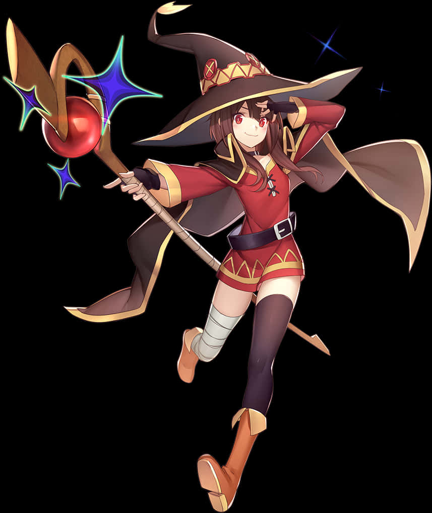 Megumin 桌布 壁紙 — 一個開心的動漫女巫穿著紅金色服裝，在黑色背景上揮舞發光法杖，周圍有閃爍星星。