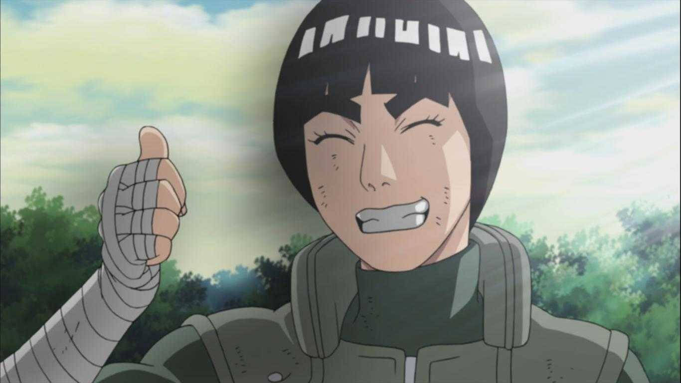 Rock Lee 桌布 壁紙 — 一個開心的動漫忍者女孩，黑髮和頭帶，在明亮的天空和綠樹前豎起大拇指。
