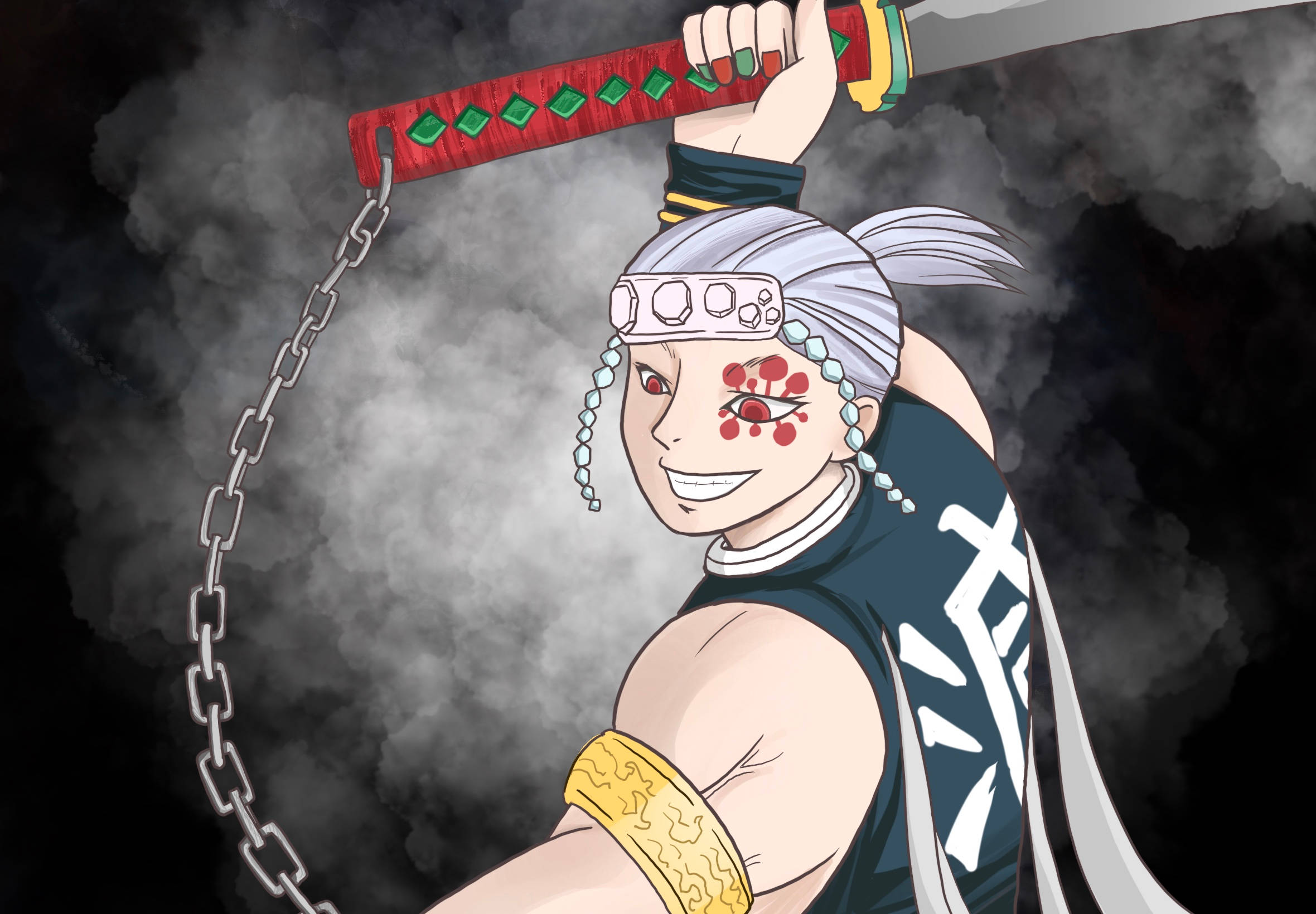 Tengen 桌布 壁紙 — 一個開心的動漫戰士，白髮紅臉印，在煙霧瀰漫的黑暗背景下揮舞著帶鎖鏈的劍。