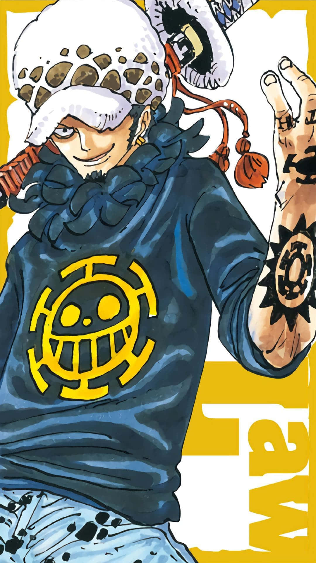 One Piece Characters 桌布 壁紙 — 一個開心的動漫海盜，戴著草帽和骷髏標誌連帽衫，在醒目的黃色背景前自信地揮手。