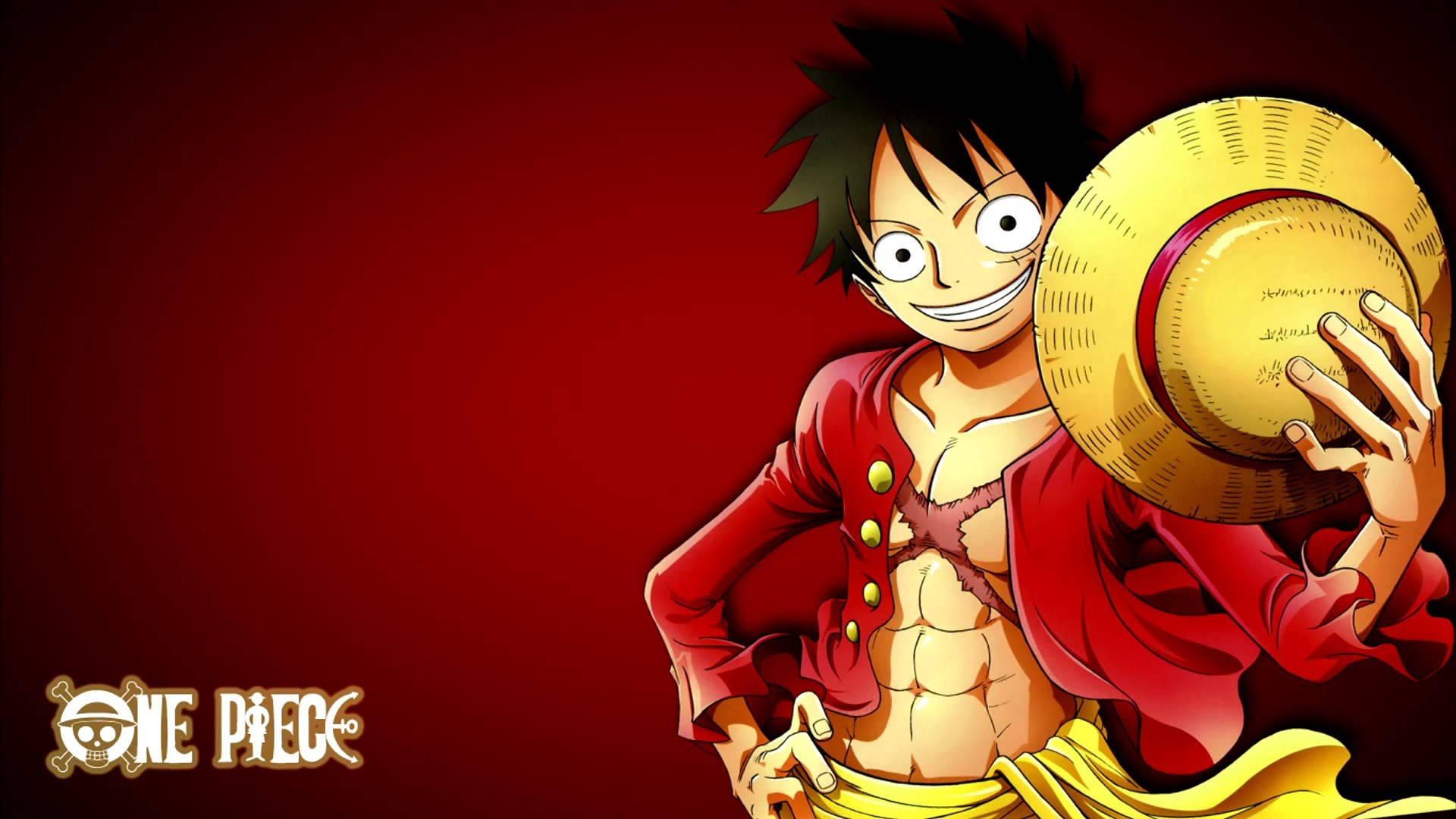 Luffy 桌布 壁紙 — 一個開心的動漫海盜，有著刺蝟般的黑髮和草帽，在深紅色背景前咧嘴笑著，手裡拿著帽子。