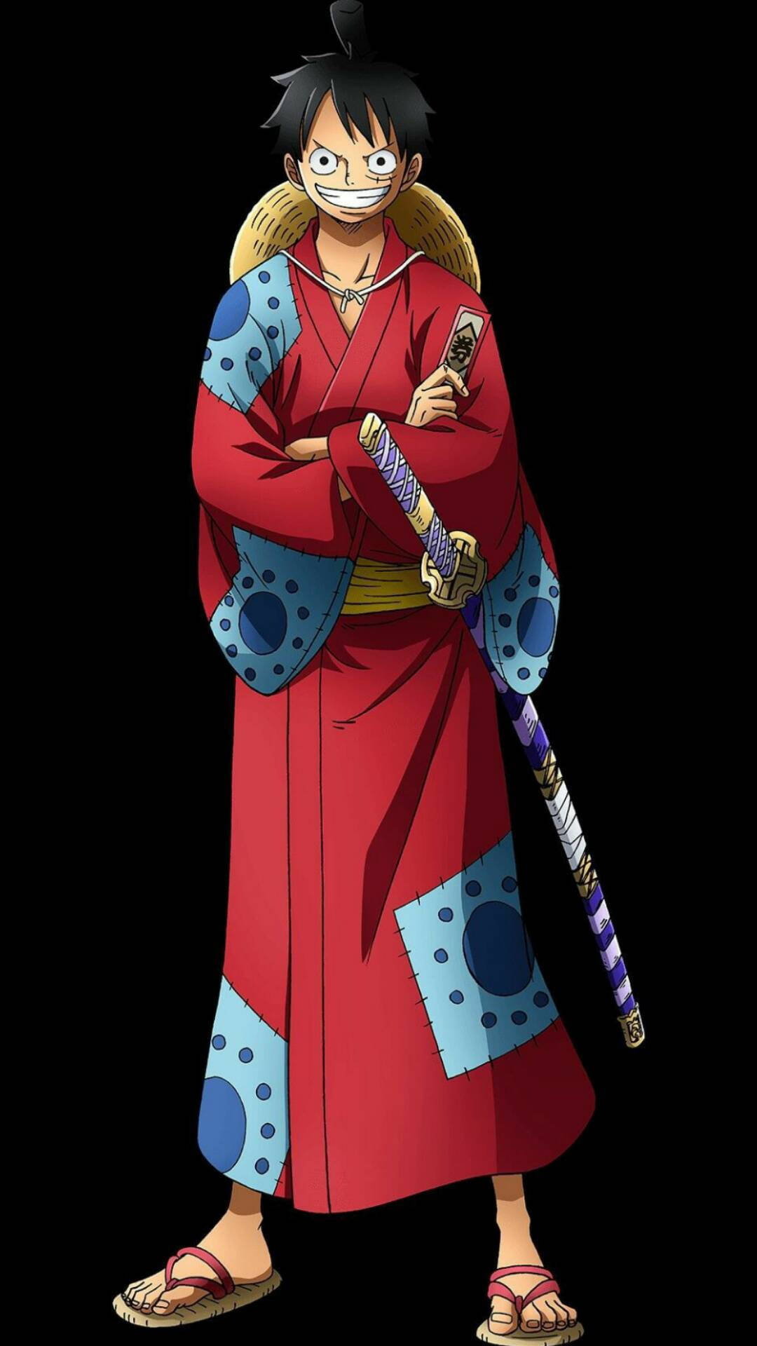 Luffy 桌布 壁紙 — 一個開心的動漫海盜，身穿紅色和服，帶有藍色盔甲補丁，在黑色背景前手持劍。
