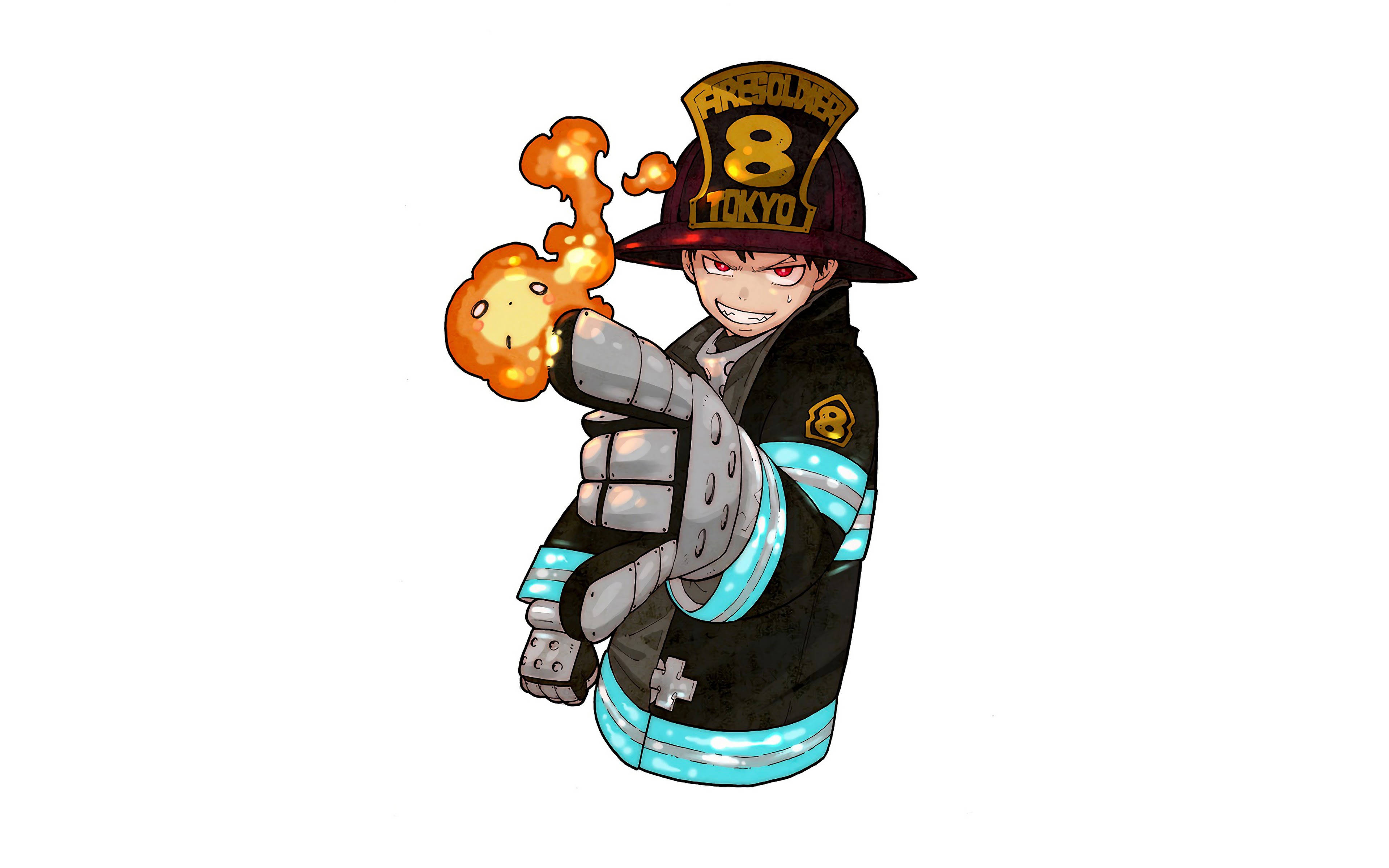 Shinra 桌布 壁紙 — 一個開心的動漫消防員穿著東京裝備，在白色背景前從他的裝甲拳頭射出卡通火焰。