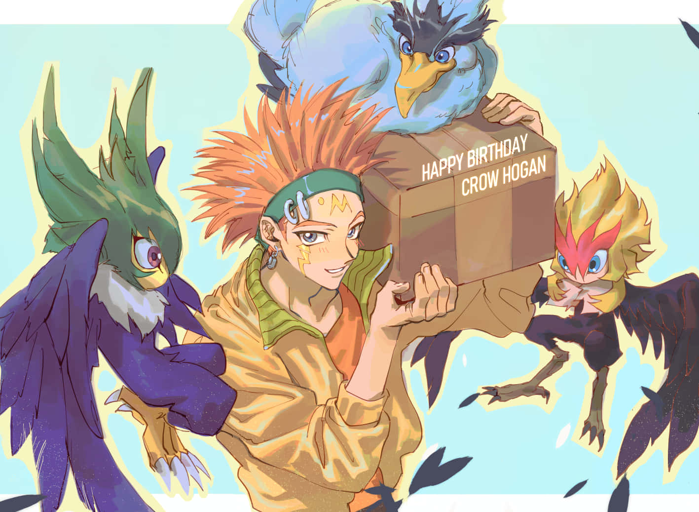 Crow Hogan 桌布 壁紙 — 一個開心的動漫角色，擁有尖刺的橙色頭髮，在柔和的藍色背景前，被三隻色彩繽紛的鳥類生物圍繞，手持一個生日盒子。