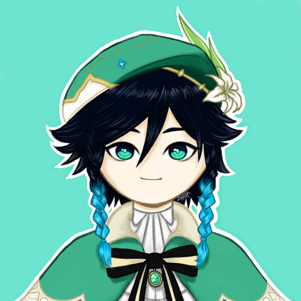 Cute Pfp 桌布 壁紙 — 一個開心的動漫角色，擁有綠色眼睛和藍色辮子，穿著綠色帽子和外套，背景是青綠色。