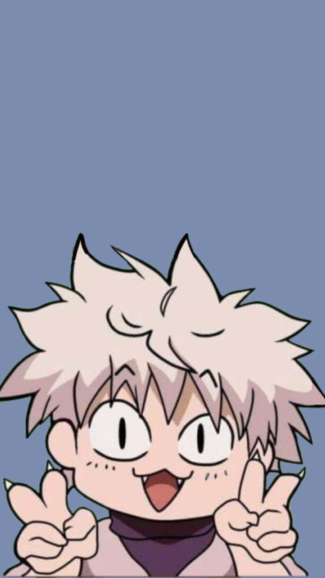 Funny Characters 桌布 壁紙 — 一個開心的動漫角色，有著尖尖的白髮和大眼睛，在純藍色背景前做出和平手勢。