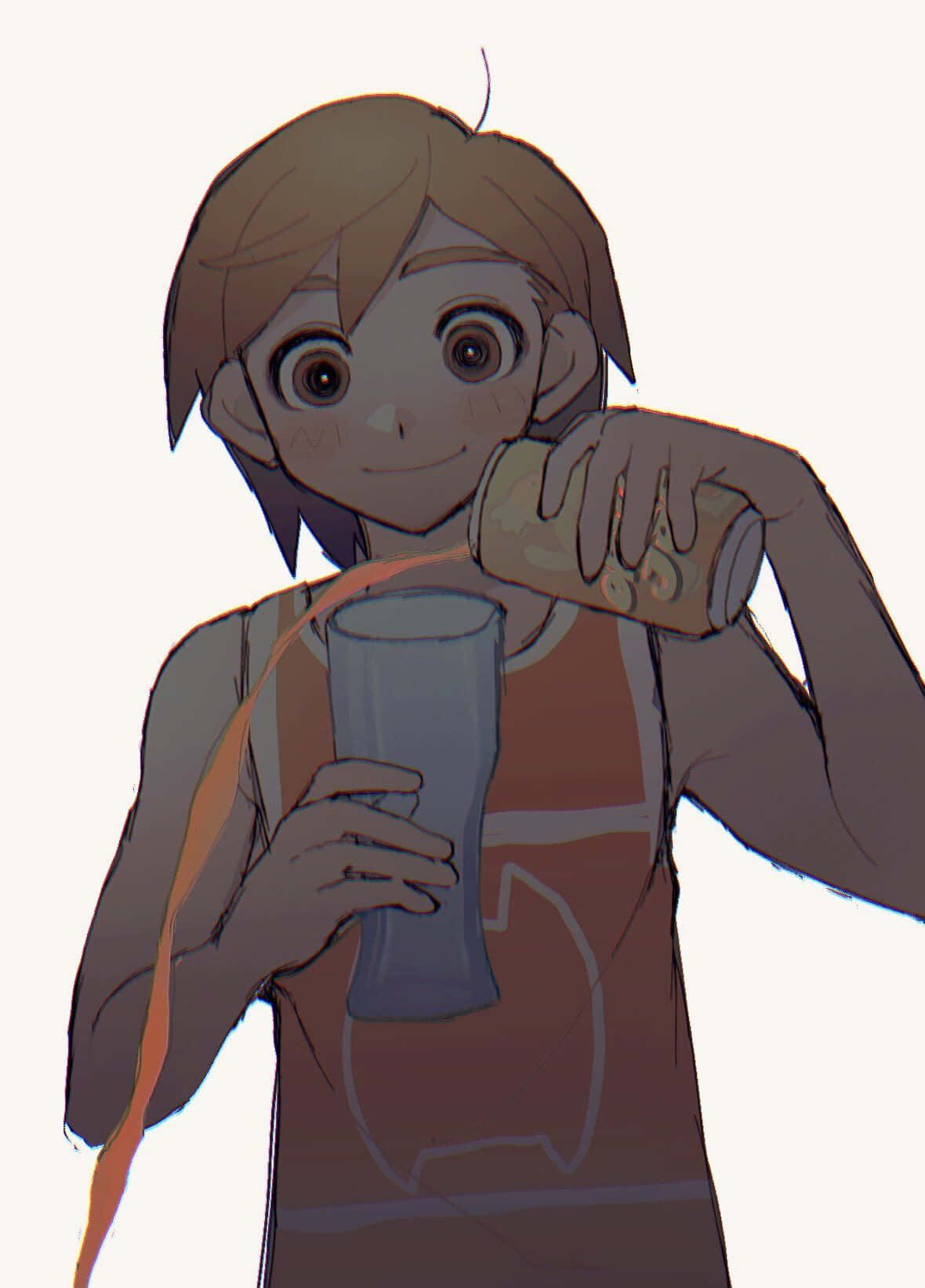 動漫角色從罐子倒飲料到玻璃杯，面帶微笑。 — Omori GIF 壁紙