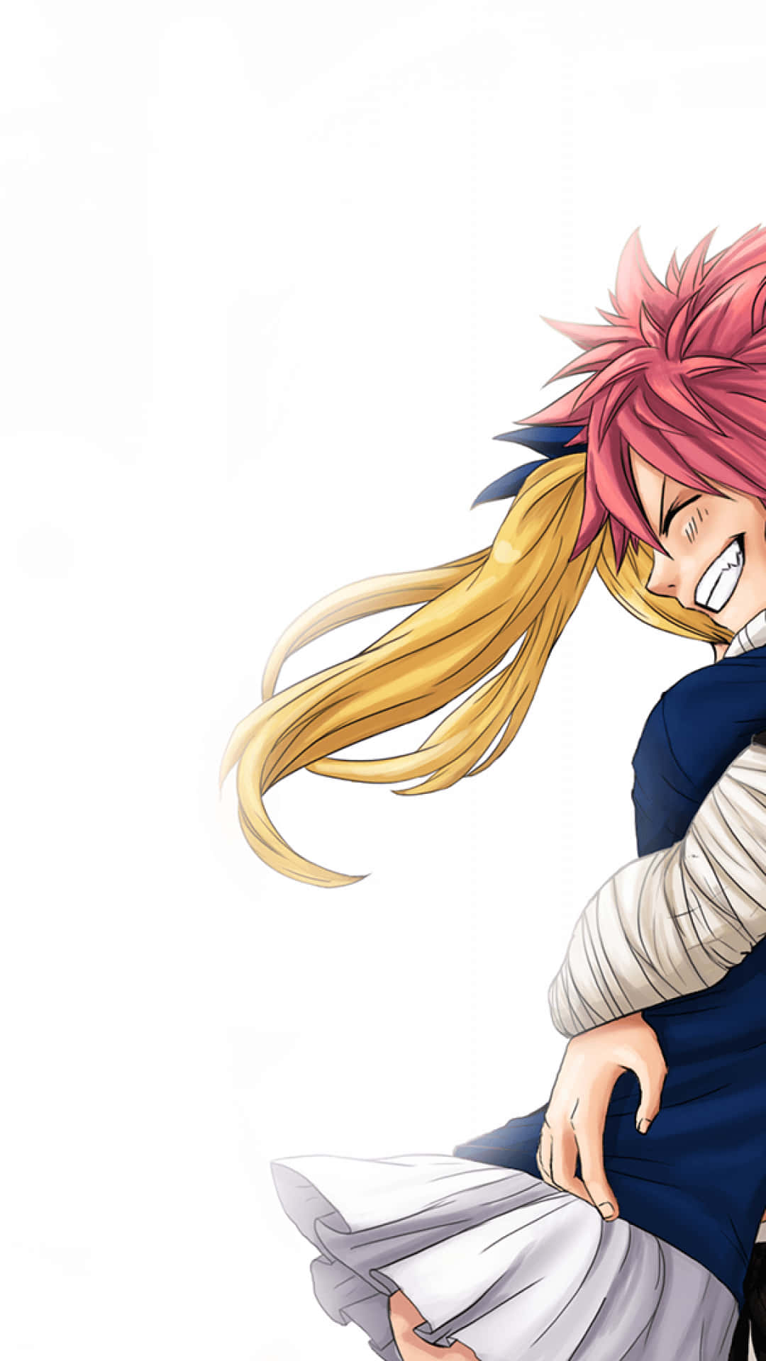 lucy heartfilia 桌布 壁紙 — 一個開心的動漫角色，粉紅色頭髮和金色馬尾辮，穿著藍色服裝，在純白色背景前大笑。