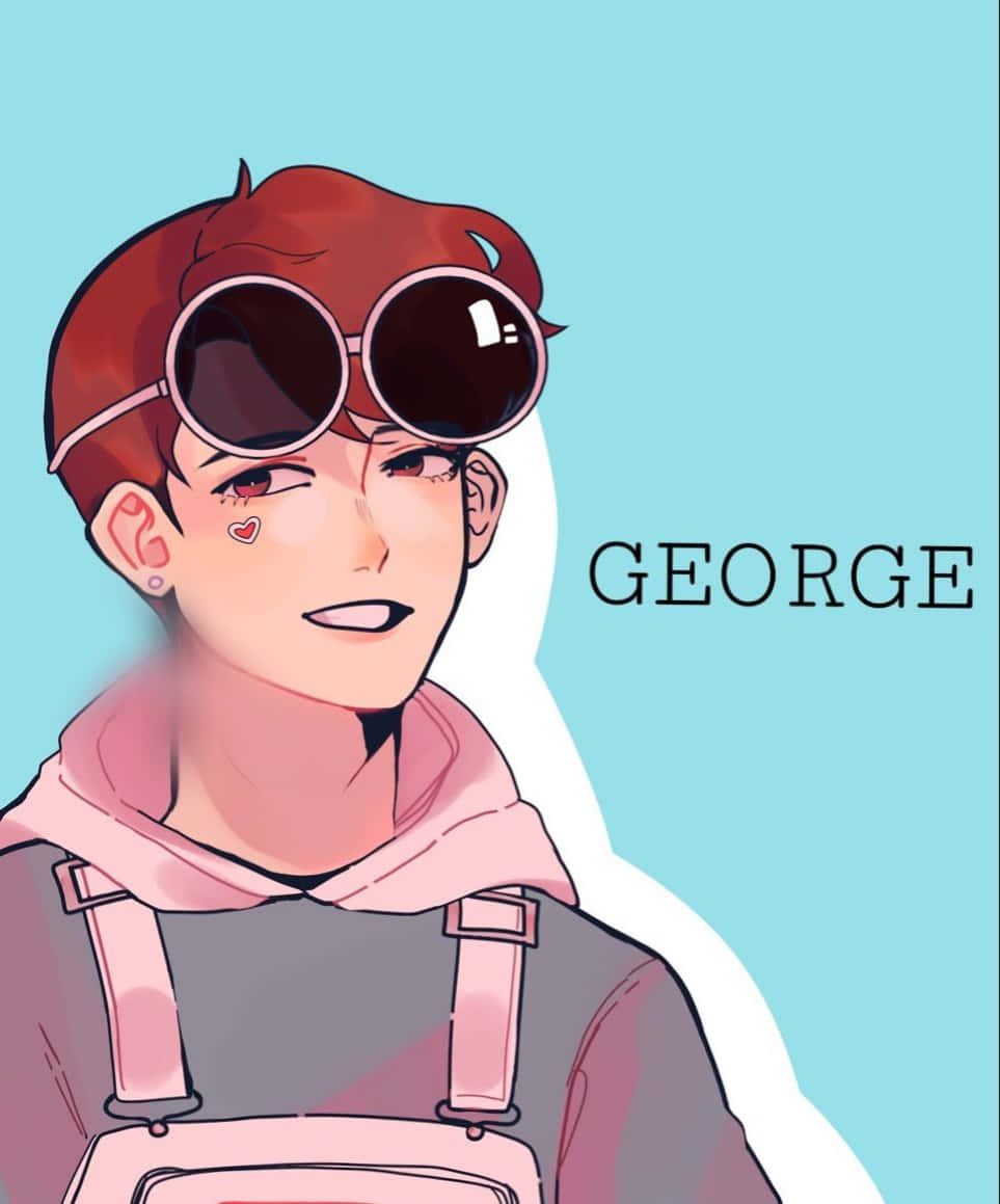 georgenotfound 桌布 壁紙 — 一個開心的動漫角色，紅頭髮，戴著超大護目鏡，穿著粉紅色吊帶褲，在淺藍色背景前微笑。
