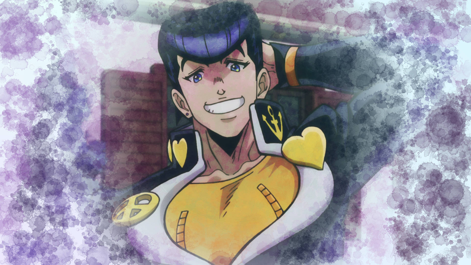 Josuke 桌布 壁紙 — 一個開心的動漫角色，紫色頭髮和黃色服裝，在紫色水彩背景前自信地微笑。