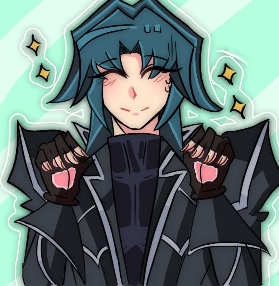 Zane Truesdale 桌布 壁紙 — 一個開心的動漫角色，藍色頭髮和貓咪般的爪子，穿著黑色外套，在發光的薄荷色背景前微笑。