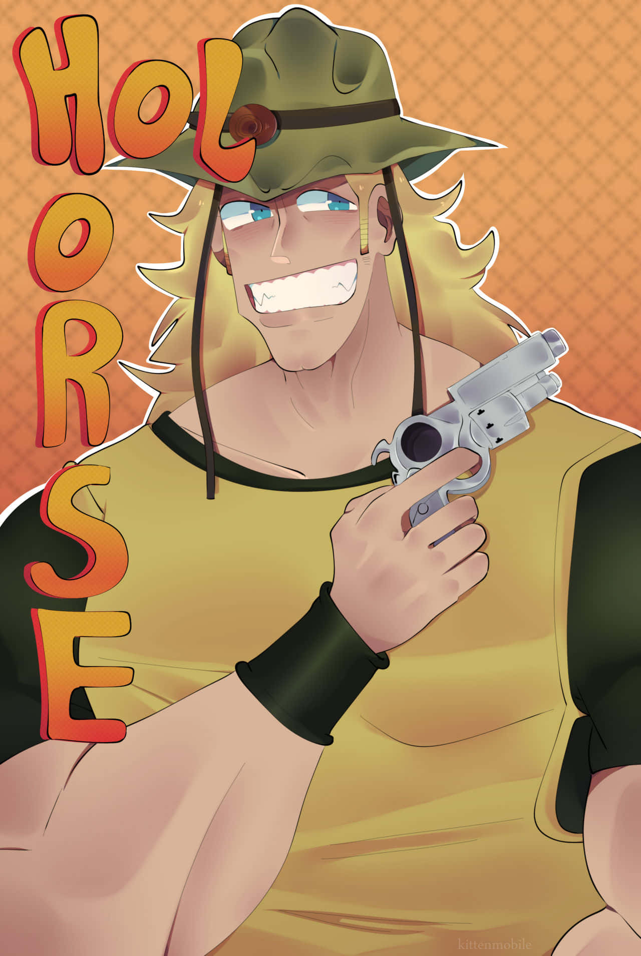 Hol Horse 桌布 壁紙 — 一個開心的動漫角色，金髮綠帽，在溫暖的橙色格紋背景前手持左輪手槍。