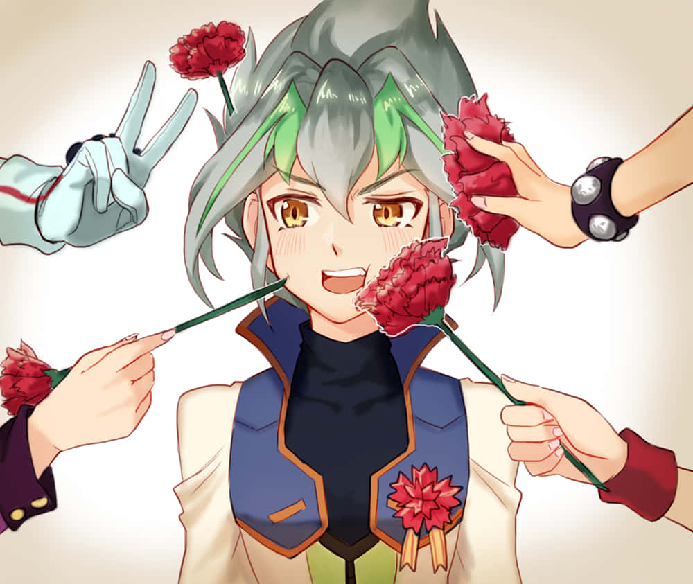 Zarc 桌布 壁紙 — 一個開心的動漫角色，銀色頭髮帶有綠色挑染，在純色背景前微笑，多隻手向他遞上紅色康乃馨。