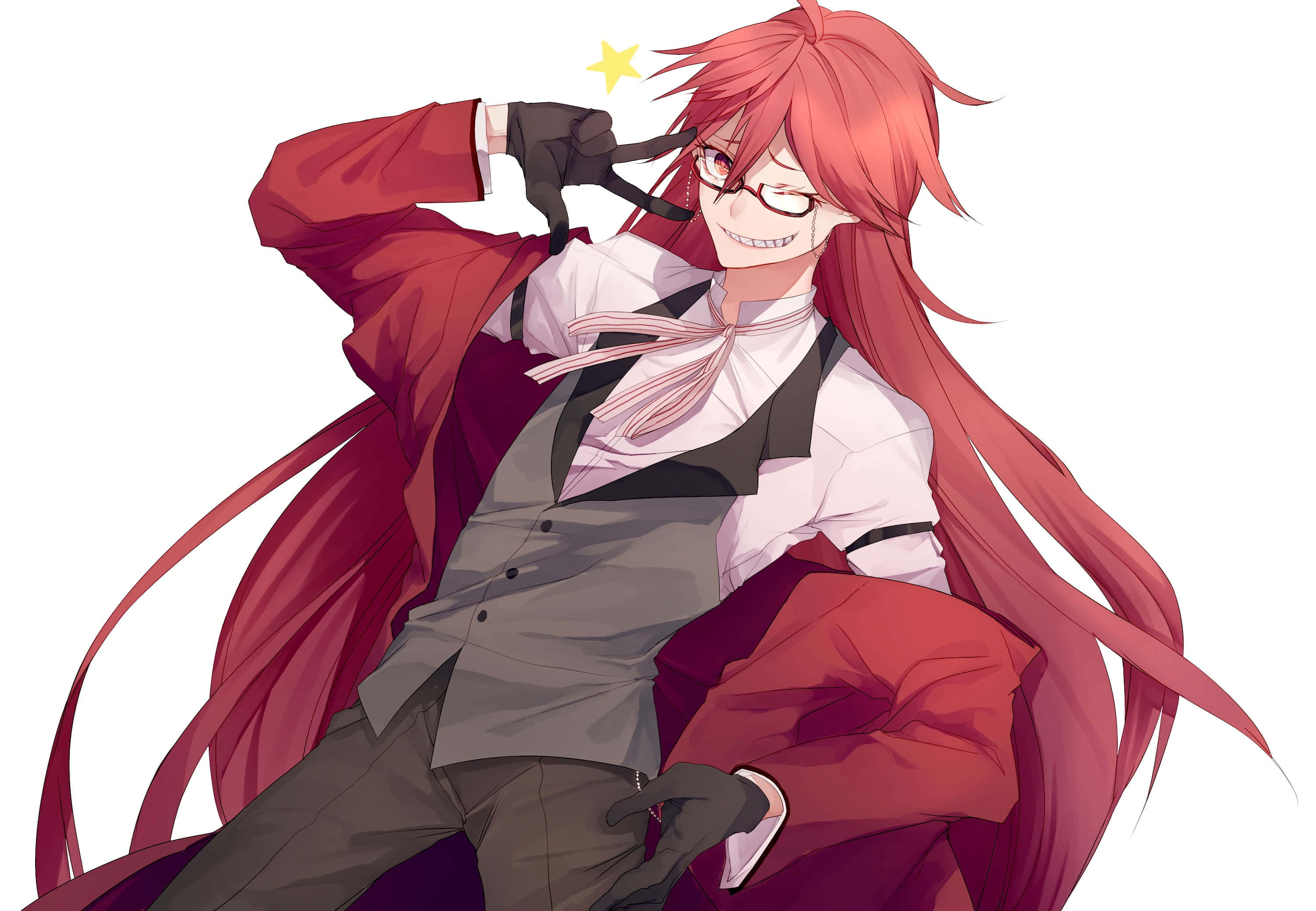 Grell Sutcliff 桌布 壁紙 — 一個開心的動漫角色，長長的紅頭髮和眼鏡，穿著紅色外套，在白色背景前擺出一個俏皮的姿勢。