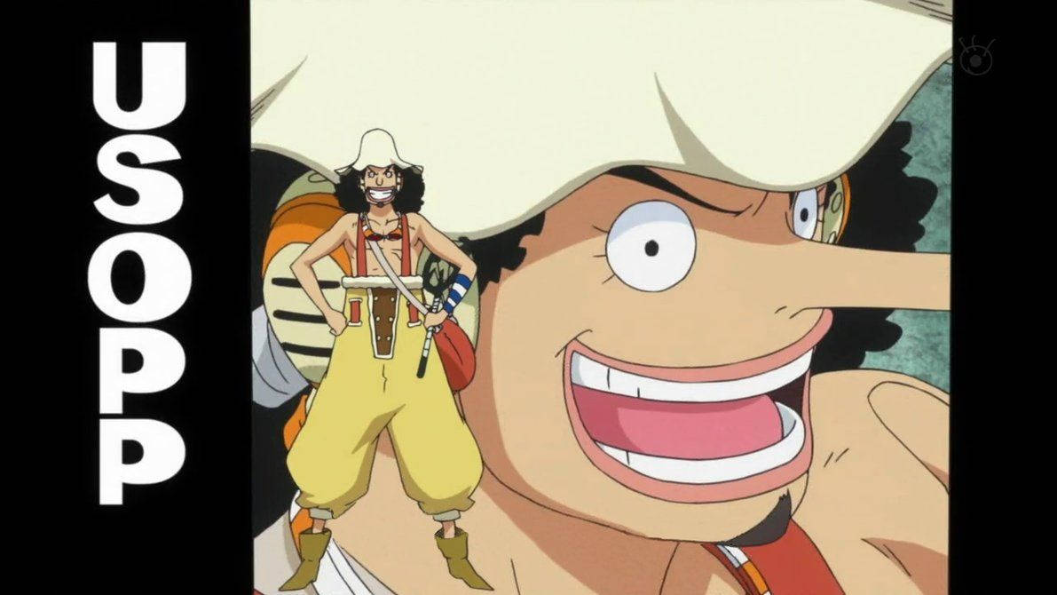 one piece usopp 桌布 壁紙 — 一個開心的動漫角色，長鼻子、咧嘴笑，站在一個穿著黃色褲子和帽子的較小版本自己旁邊。