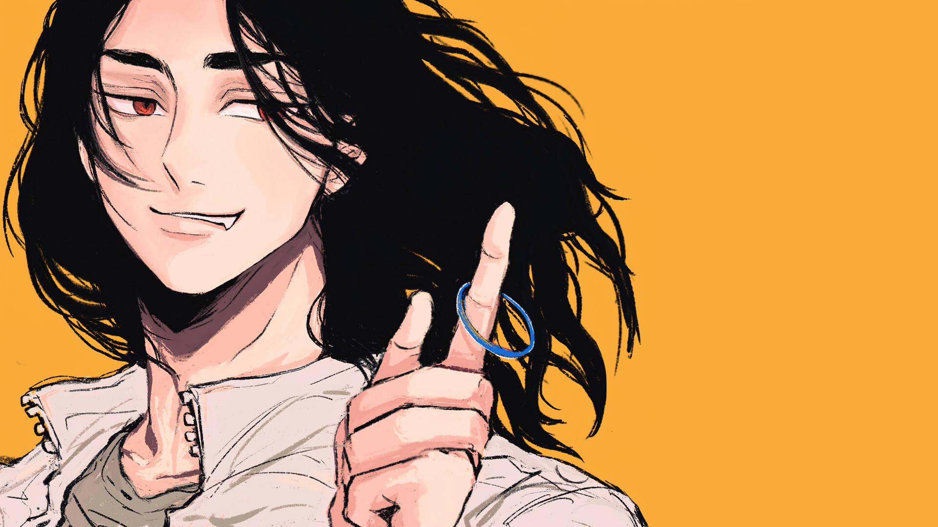 動漫男孩 桌布 壁紙 — 一個開心的動漫角色，黑髮紅眼，在橙色背景上舉起藍色戒指並眨眼。