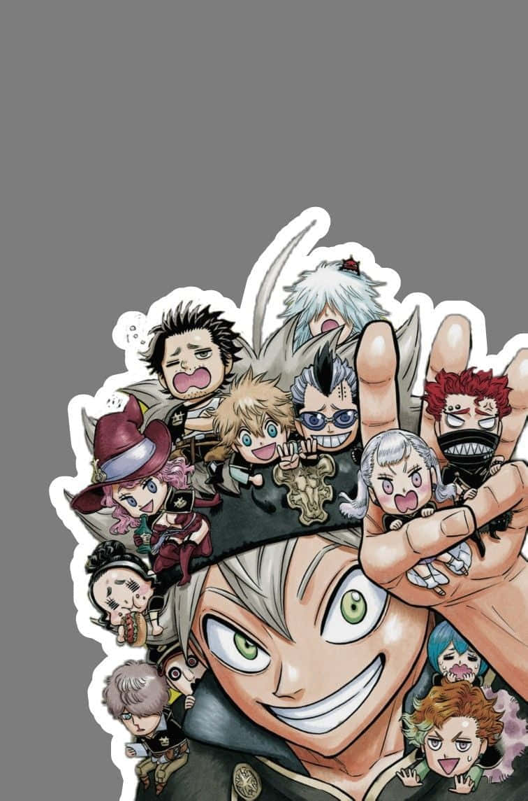 Black Clover Anime 桌布 壁紙 — 一個開心的動漫角色在純灰色背景上抱著一群Q版朋友。