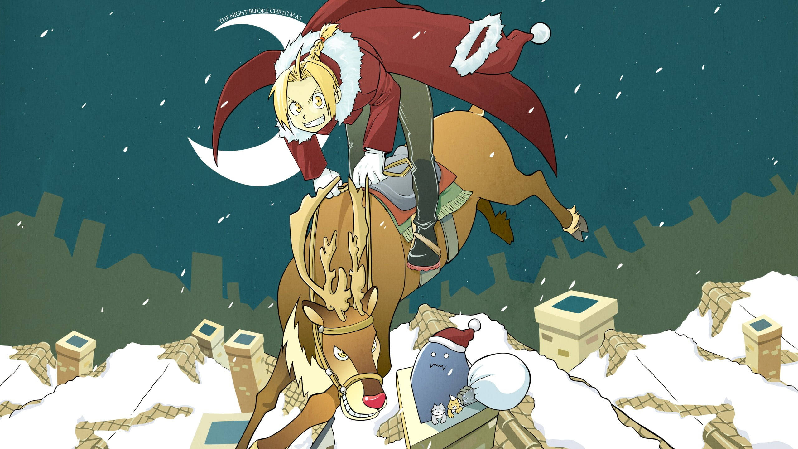 Anime Christmas 桌布 壁紙 — 一個開心的動漫角色穿著紅色聖誕老人斗篷，騎著馴鹿穿過新月下的雪景城市。