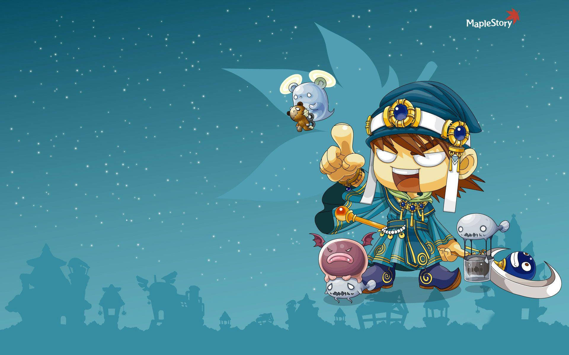 game 桌布 壁紙 — 一個開心的動漫角色穿著華麗的藍色裝備，在星空夜空和村莊屋頂剪影的背景中，於漂浮生物旁邊豎起大拇指。