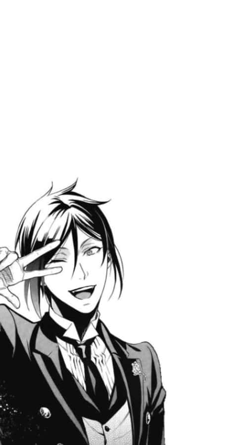 sebastian michaelis 桌布 壁紙 — 一個開心的動漫角色穿著西裝，在純白背景上眨眼並比出和平手勢。