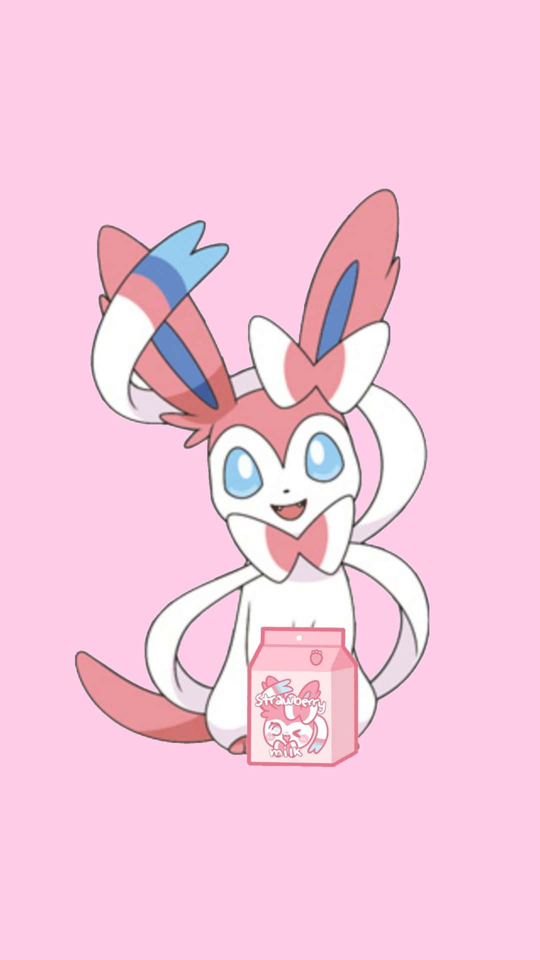 Cute Sylveon 桌布 壁紙 — 一個開心的動漫風格仙子伊布，在純色粉彩粉紅背景上拿著一個粉紅色的牛奶盒。