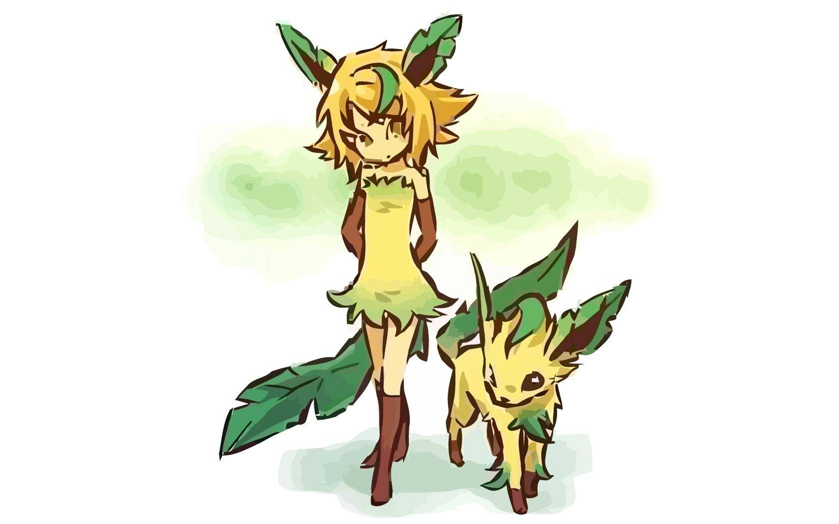 寶可夢 桌布 壁紙 — 一個開心的動漫風格女孩，長著葉子耳朵，穿著葉子連衣裙，站在一個小葉子生物旁邊，背景是柔和的綠色。
