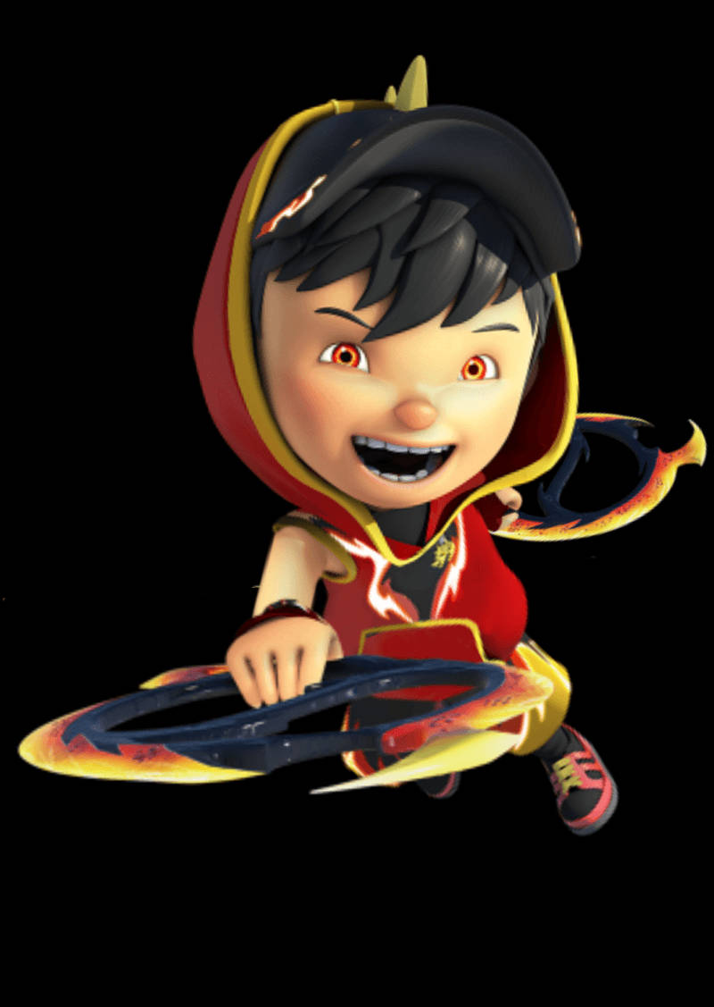 Cartoon Characters 桌布 壁紙 — 一個開心的動漫風格小孩，身穿紅色連帽衫，在黑色背景前揮舞著一把熾熱的藍色武器。