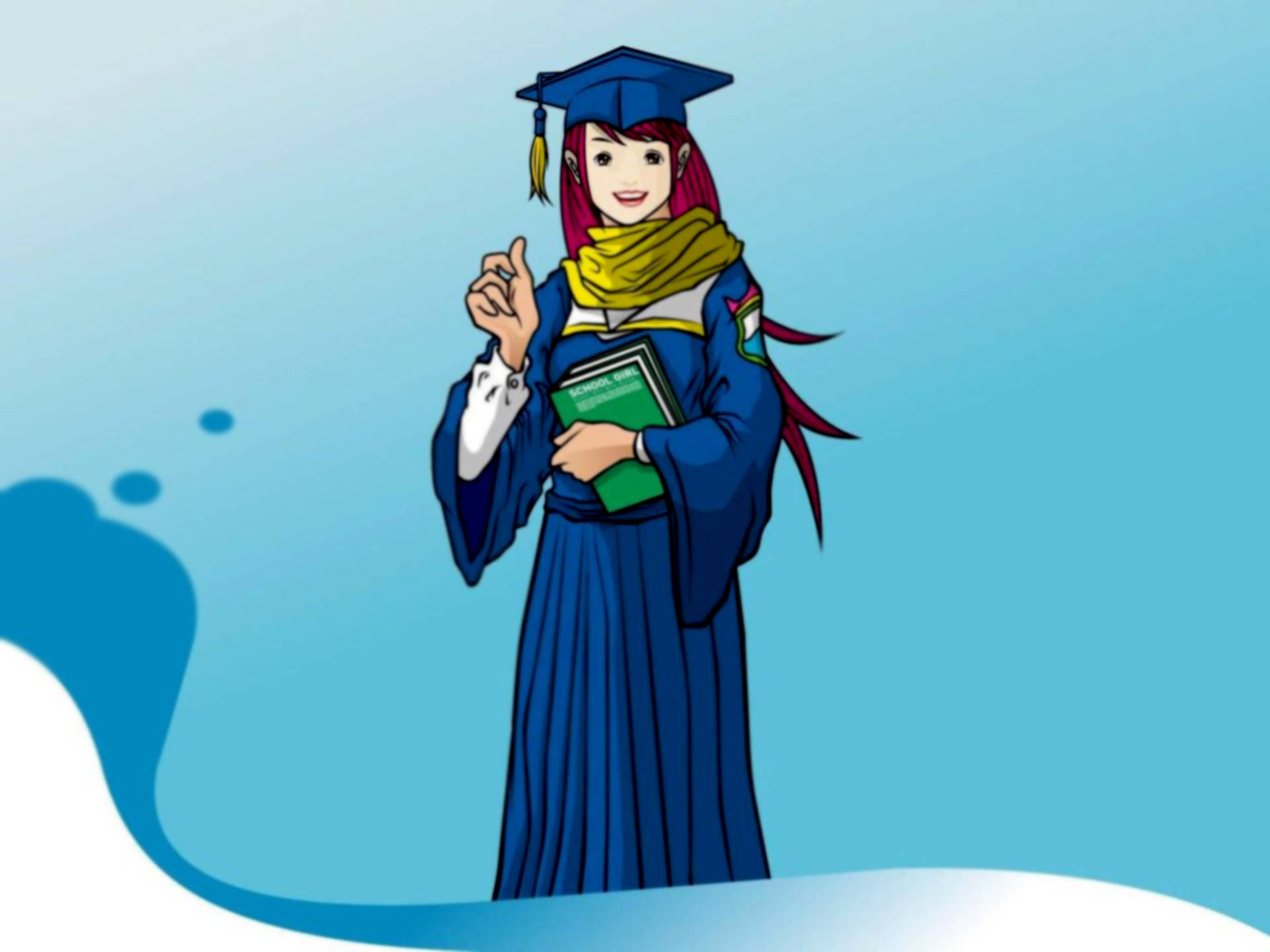 Graduation 桌布 壁紙 — 一個開心的動漫風格畢業生，穿著藍色畢業袍和帽子，拿著一本書，在柔和的藍色漸變背景前向上指。