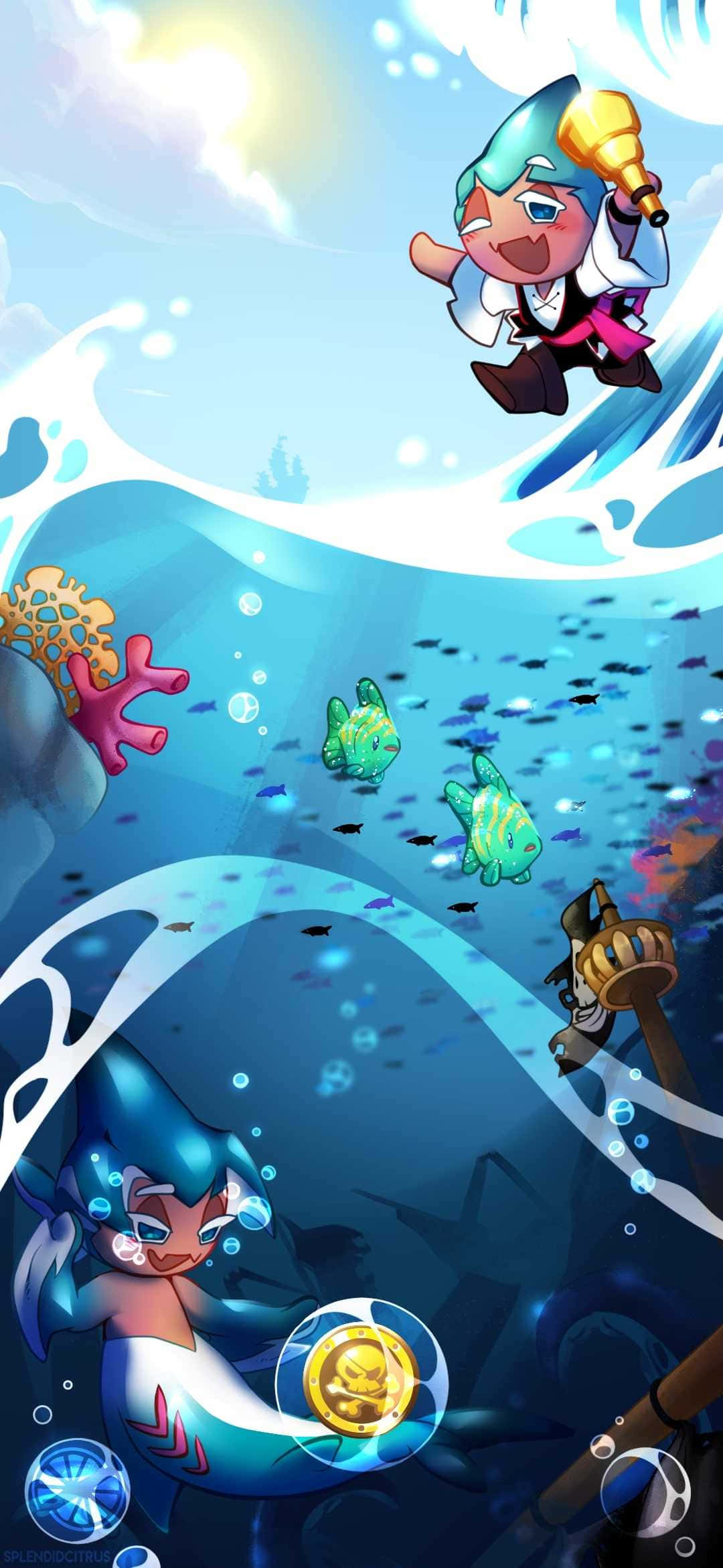 Kingdom 桌布 壁紙 — 一個開心的動漫風格美人魚和海盜角色在充滿活力的藍色海浪中跳躍，伴隨著發光的魚和珊瑚。
