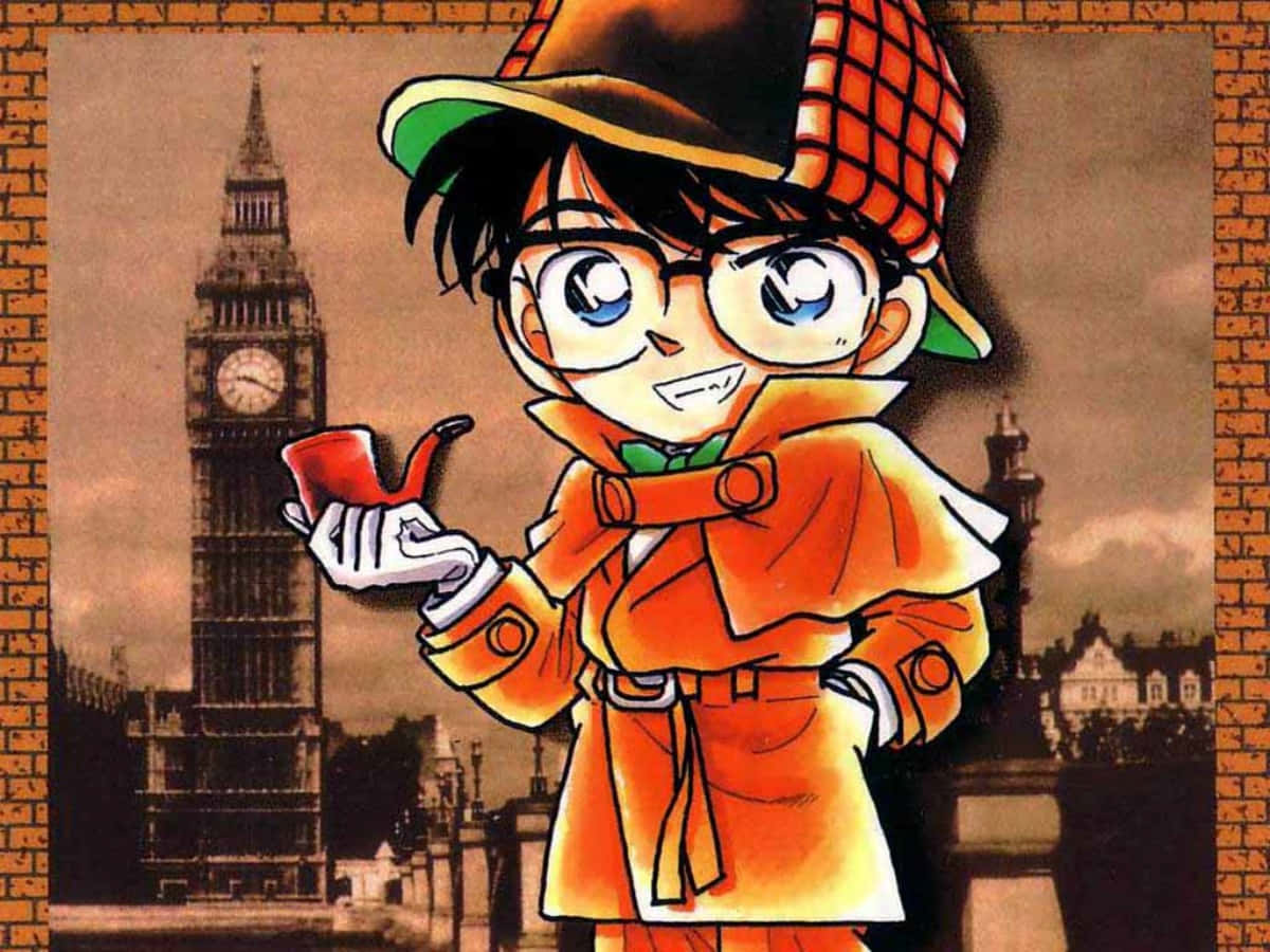 Detective Conan 桌布 壁紙 — 一個開心的動畫偵探，穿著橙色風衣和格紋帽，拿著煙斗，背景是大笨鐘。
