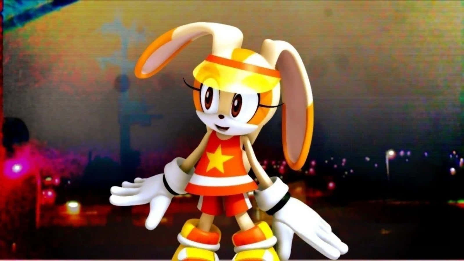 Cream The Rabbit 桌布 壁紙 — 一個開心的動畫兔子角色，穿著橙色和黃色的運動裝備，自信地站在充滿活力的夜間城市景觀背景前。
