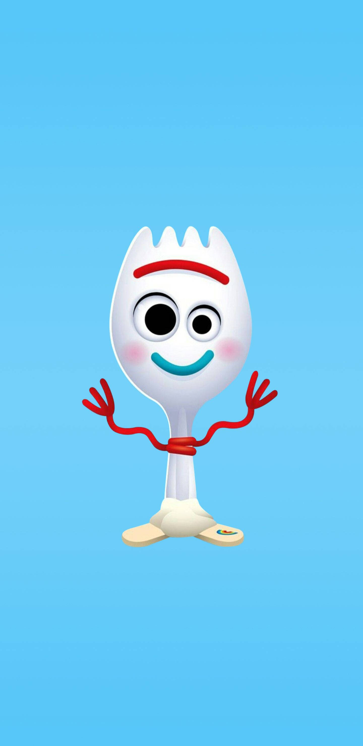 Forky 桌布 壁紙 — 一個開心的動畫叉子角色，有紅色手臂和藍色微笑，在純淺藍色背景上快樂地揮手。