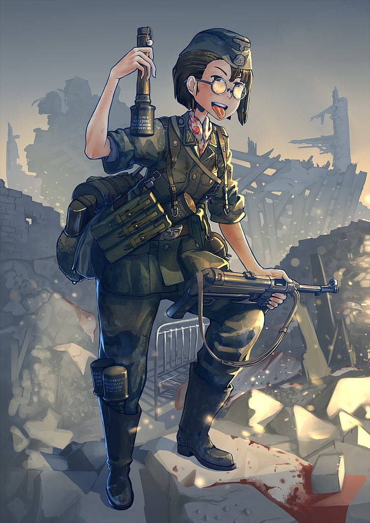 動漫女孩 桌布 壁紙 — 一個開心的動畫士兵穿著橄欖色軍服，在朦朧天空下，於帶有血跡的瓦礫中手持步槍和手榴彈。