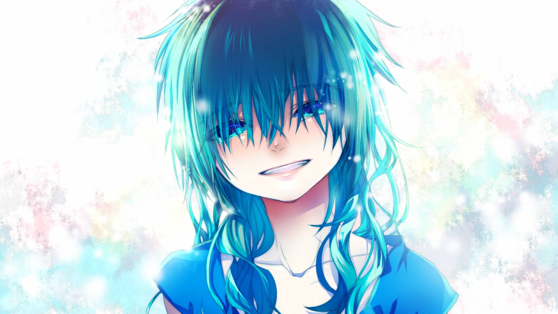 magi the kingdom of magic 桌布 壁紙 — 一個開心的動畫女孩，擁有綠松石色頭髮和發光的眼睛，在閃亮的粉彩背景前溫柔微笑。