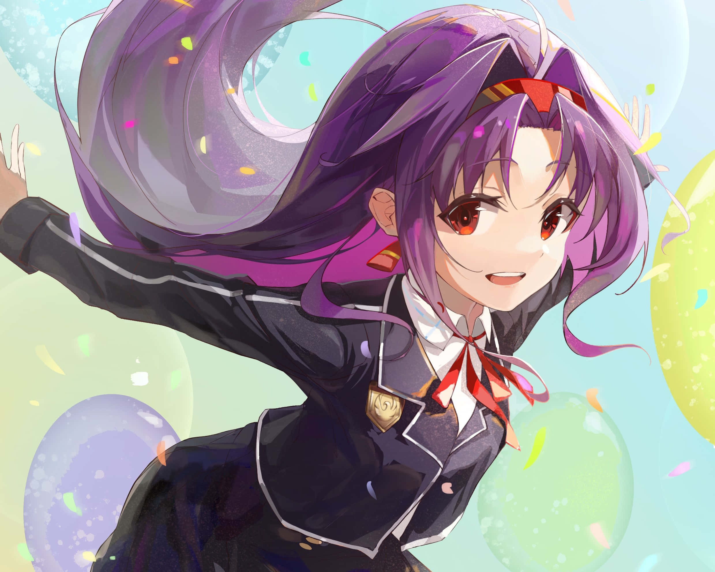 Yuuki Konno 桌布 壁紙 — 一個開心的動畫女孩，擁有飄逸的紫色頭髮和紅色眼睛，穿著校服，在漂浮的彩色泡泡中微笑。