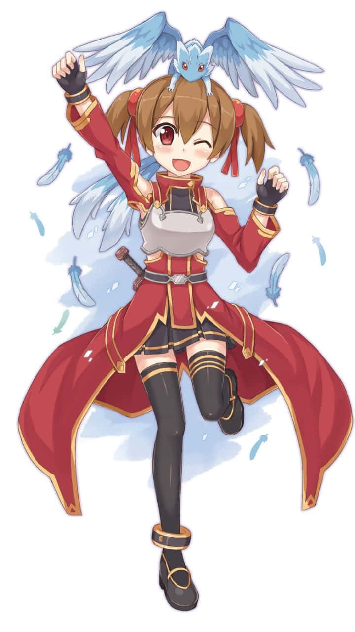 Sword Art Online Silica 桌布 壁紙 — 一個開心的動畫女孩，棕色辮子和藍色翅膀，快樂地跳躍，一隻藍色小鳥停在她的頭上。