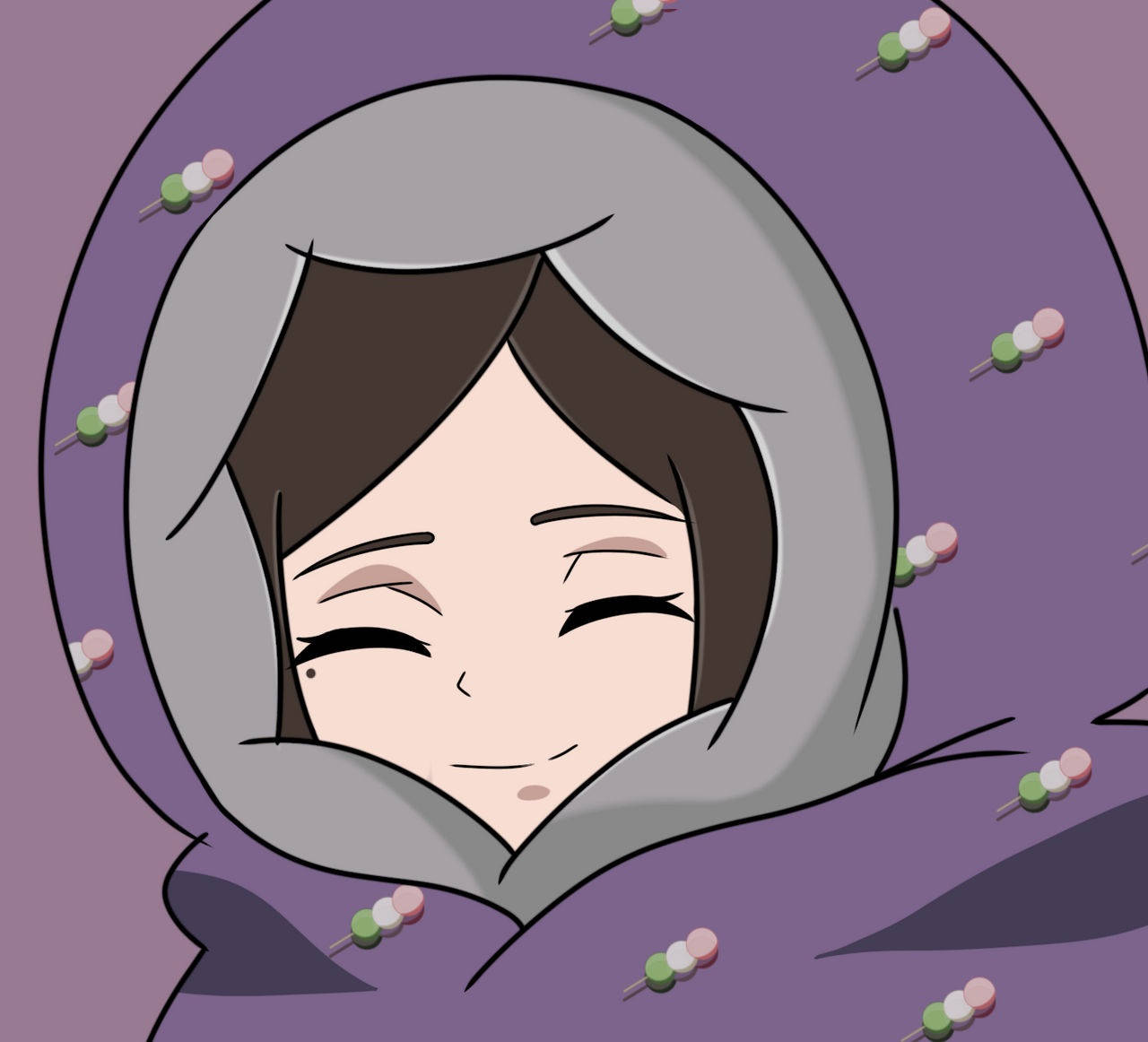 izumi uchiha 桌布 壁紙 — 一個開心的動畫女孩，棕色頭髮，微笑溫暖，披著一件紫色連帽斗篷，上面裝飾著色彩繽紛的糖果狀別針。