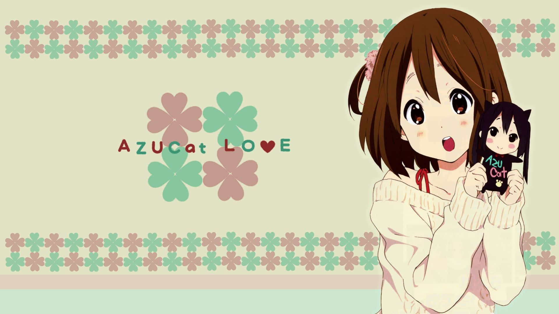 yui hirasawa 桌布 壁紙 — 一個開心的動畫女孩，棕色頭髮，抱著貓咪玩偶，背景是粉彩底色，帶有花卉邊框和「AZUCat LOVE」文字。
