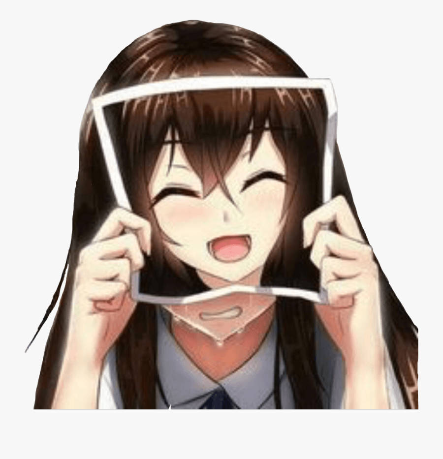 動漫女孩 桌布 壁紙 — 一個開心的動畫女孩，棕色頭髮，拿著一個白色相框放在臉上，咧嘴大笑。