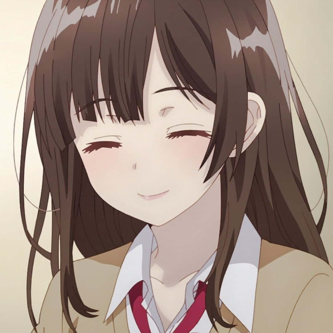 Cute Anime Profile 桌布 壁紙 — 一個開心的動畫女孩，棕色頭髮，穿著校服，閉著眼睛溫暖地微笑。