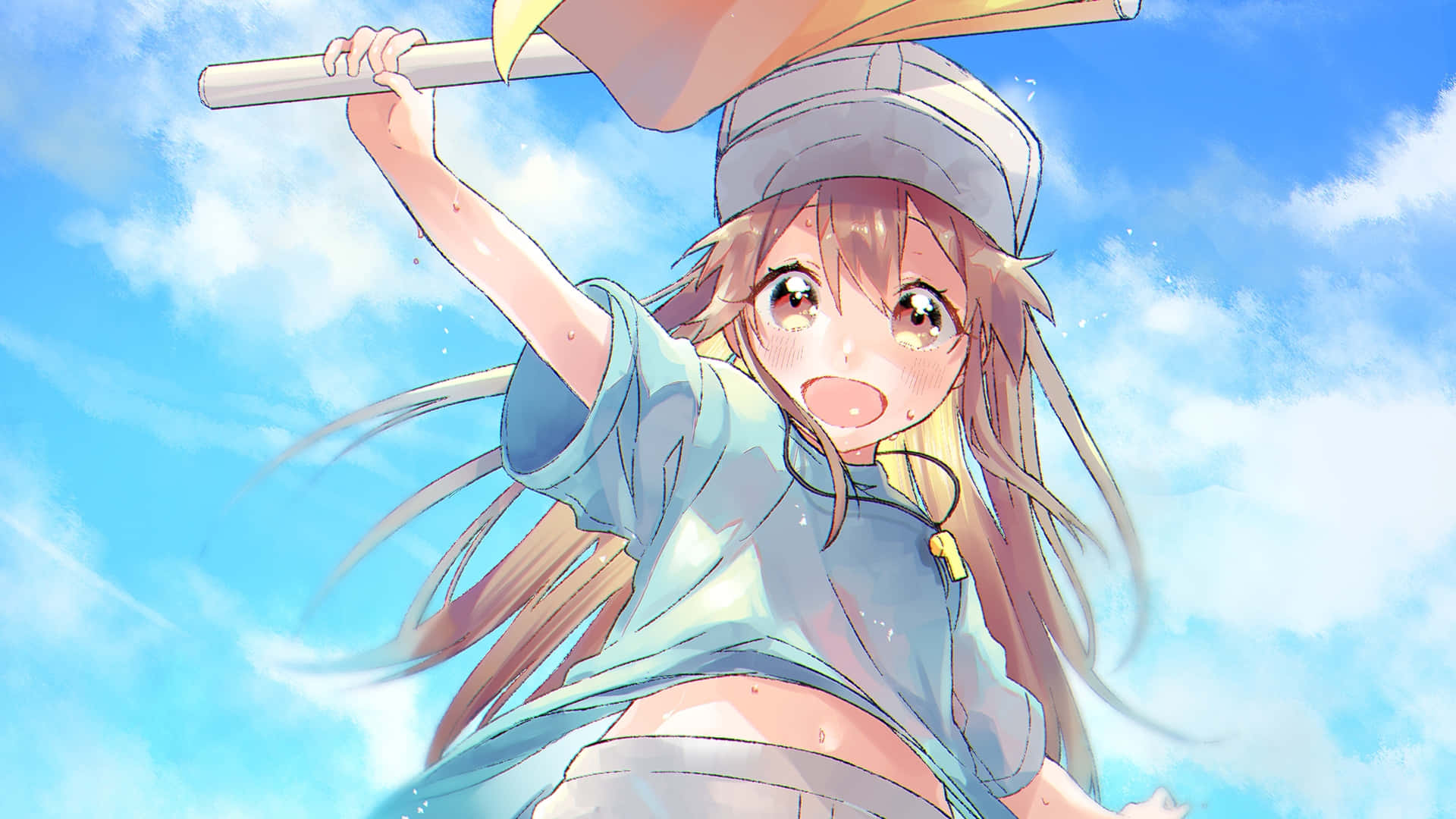Cells At Work 桌布 壁紙 — 一個開心的動畫女孩，棕色頭髮戴著帽子，在明亮的藍天下快樂地奔跑，手持旗幟。