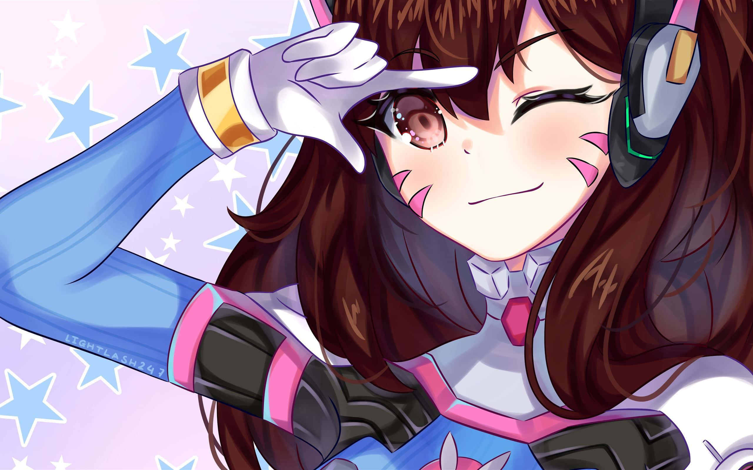 Overwatch D.va 桌布 壁紙 — 一個開心的動畫女孩，棕色頭髮戴著耳機，在滿天星星的粉彩背景上頑皮地眨眼並做出和平手勢。
